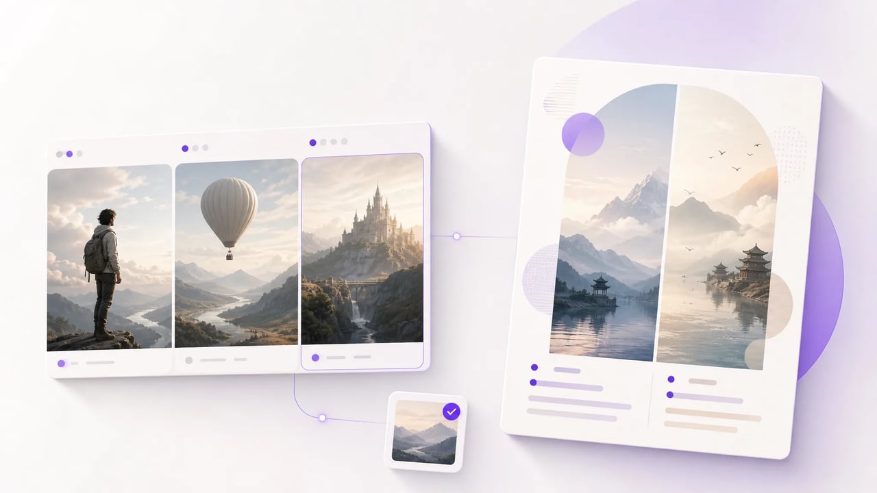 Qwen Image 3 AI Image Generator workspace results — multi-panel storyboard and bilingual landscape poster