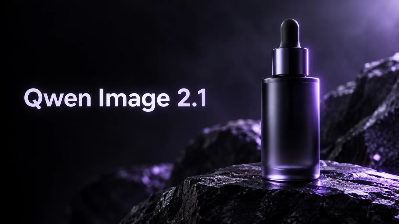 Qwen Image 2.1 제품 히어로 — 왼쪽 타이틀 타입 Qwen Image 2.1과 유리 스포이드 병