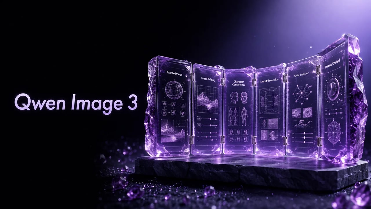 Qwen Image 3 產品主視覺——左側標題字與紫水晶多分鏡玻璃雕塑