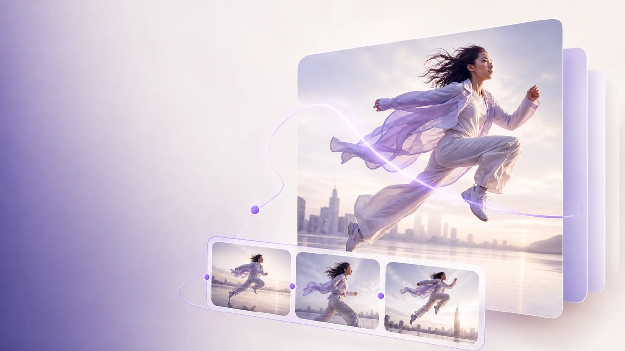 AI video generator results — cinematic motion stills with soft violet brand light