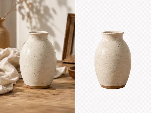 前後對照：左側雜亂桌面上的產品，右側乾淨透明去背圖