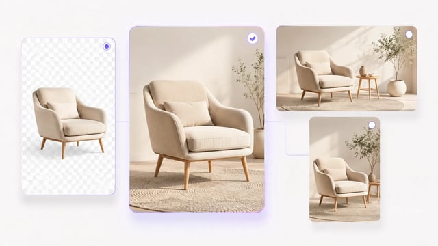 Qwen AI Image Tools results — product cutout, upscaled hero, and extended aspect-ratio frames