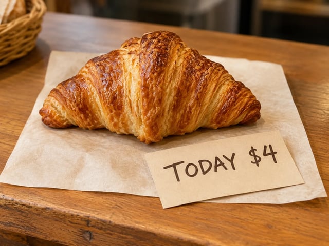 TODAY $4와 페이스트리 하나가 있는 베이커리 카운터 카드, 글자가 읽힘