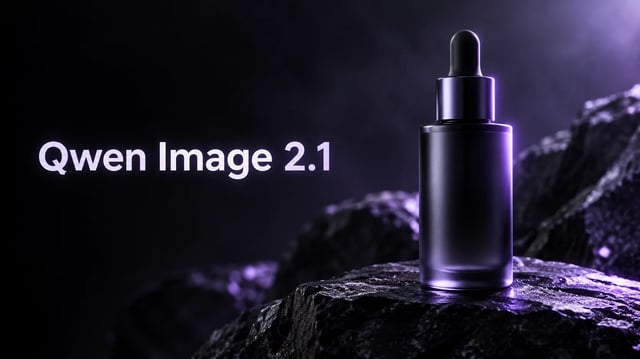 Qwen Image 2.1 product hero — left type title Qwen Image 2.1 and a glass dropper bottle