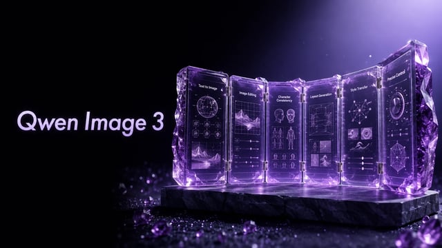 Qwen Image 3 product hero — left type title and amethyst multi-panel glass sculpture