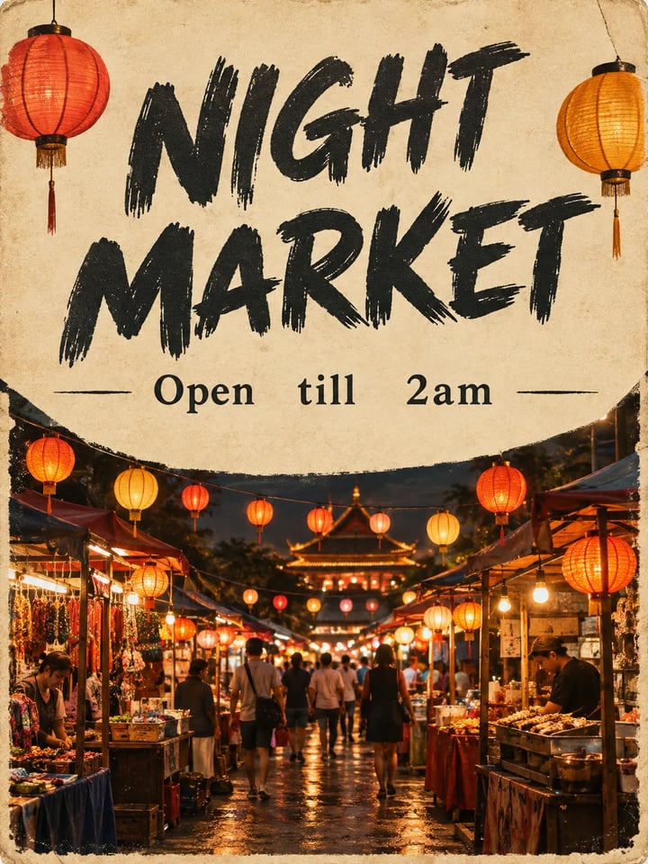 NIGHT MARKET 헤드라인, Open till 2am, 등불이 켜진 포장마차가 있는 캠페인 포스터