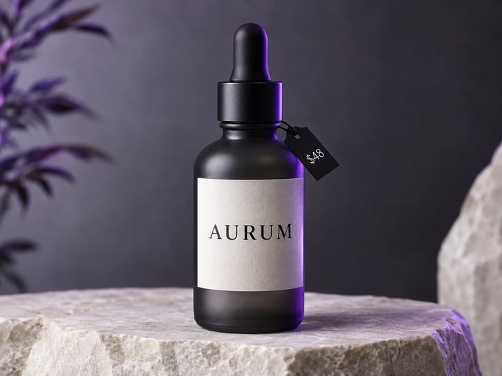 AURUM과 $48 태그가 있는 차콜 유리 세럼 병 스튜디오 스틸