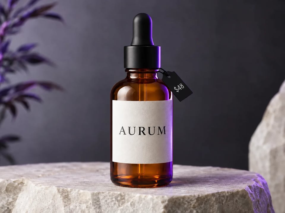 같은 세럼 병, 앰버 유리; AURUM과 $48은 그대로