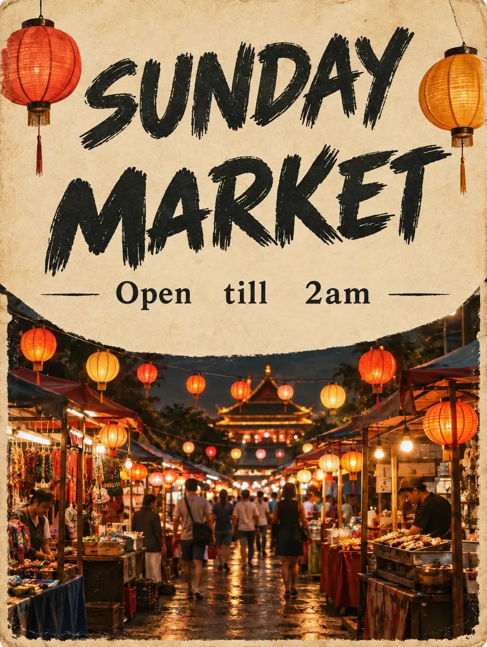 같은 포스터 레이아웃, SUNDAY MARKET 헤드라인; Open till 2am은 그대로